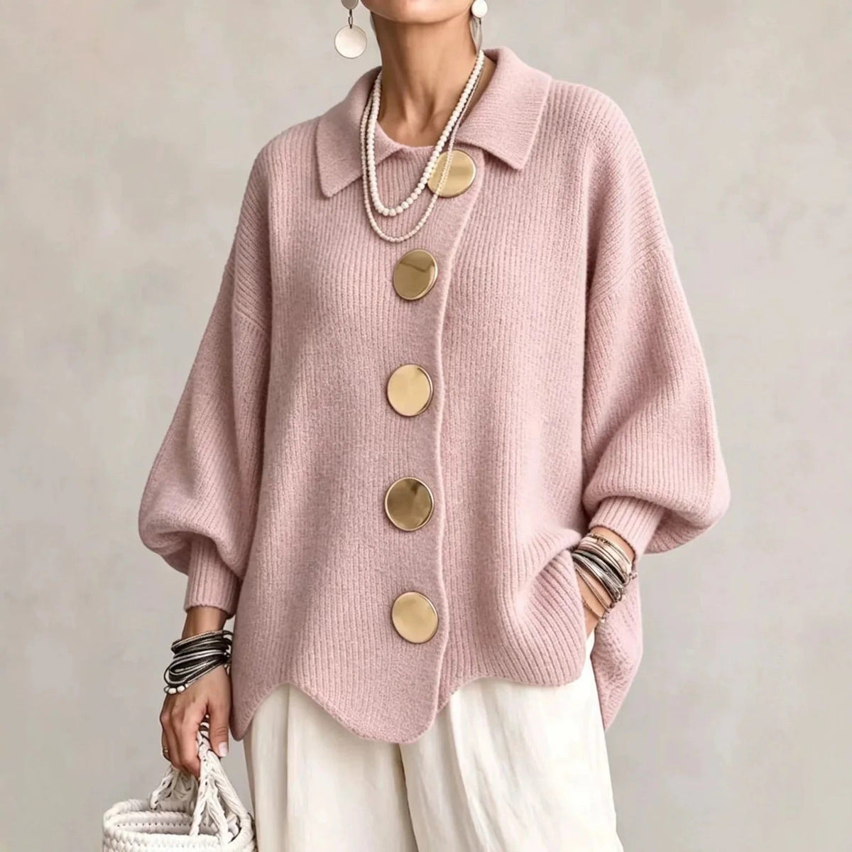 Karin | Oversized Gebreid Vest met Goudkleurige Knopen