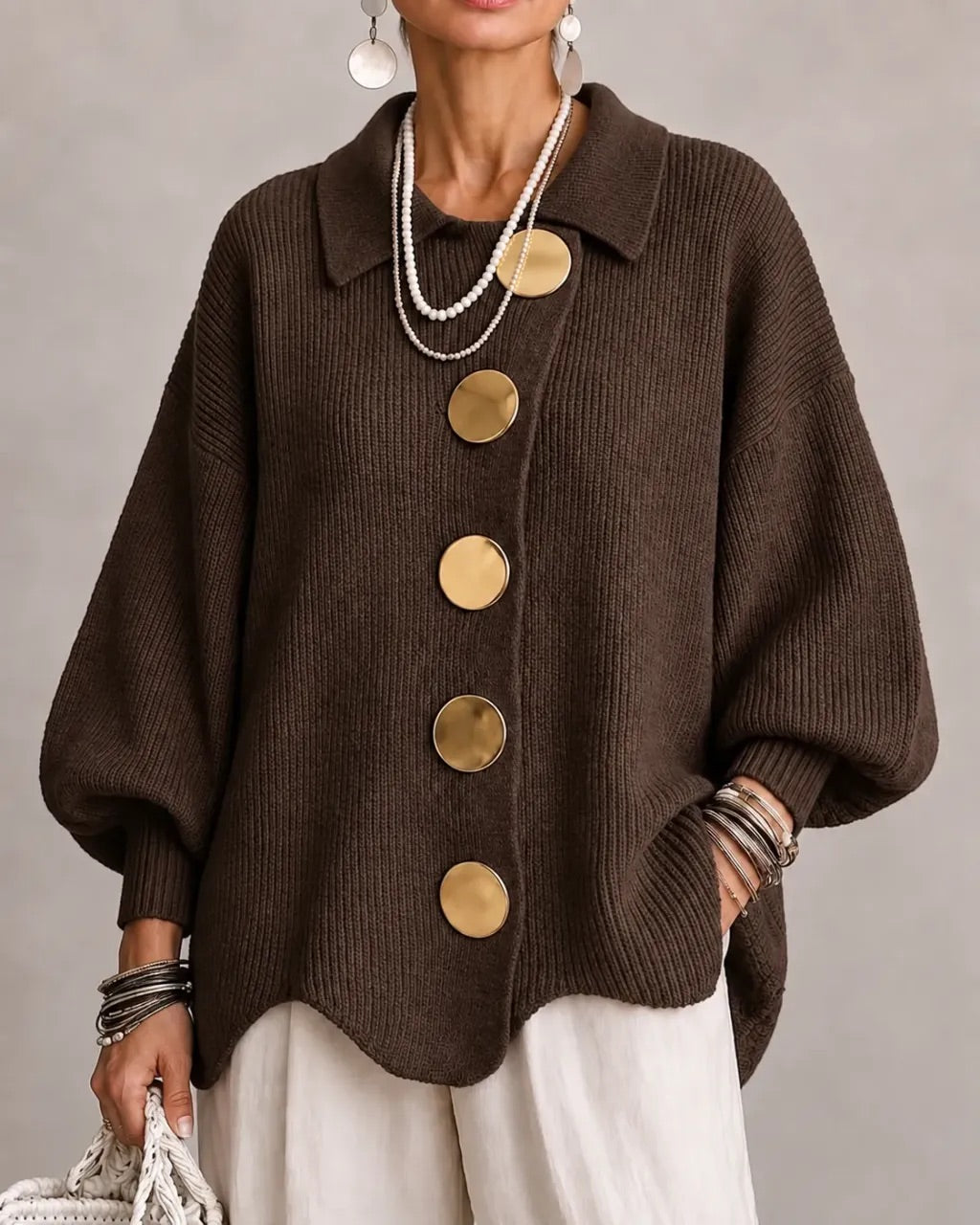 Karin | Oversized Gebreid Vest met Goudkleurige Knopen