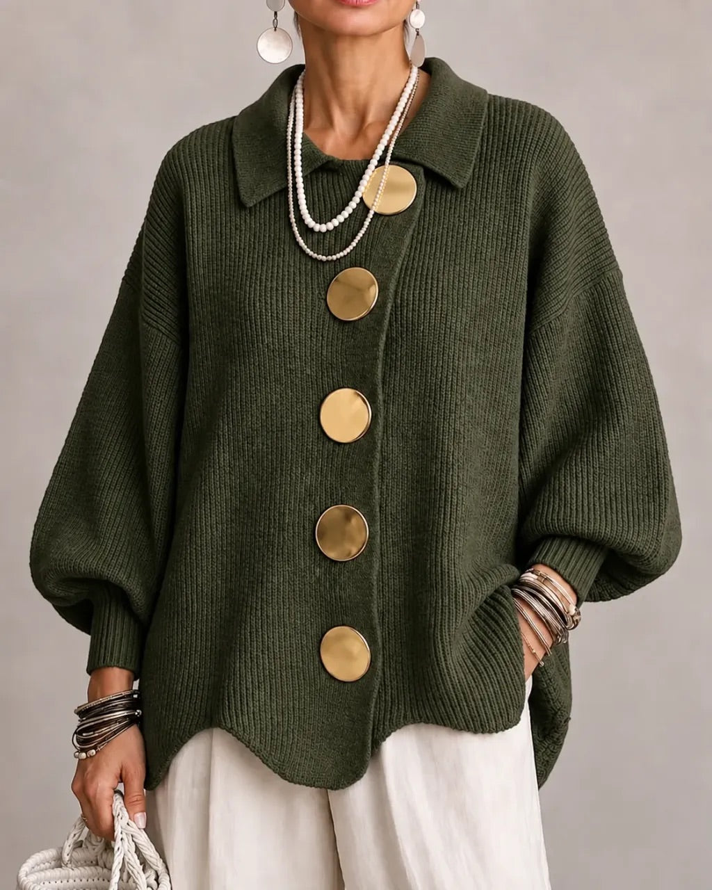 Karin | Oversized Gebreid Vest met Goudkleurige Knopen