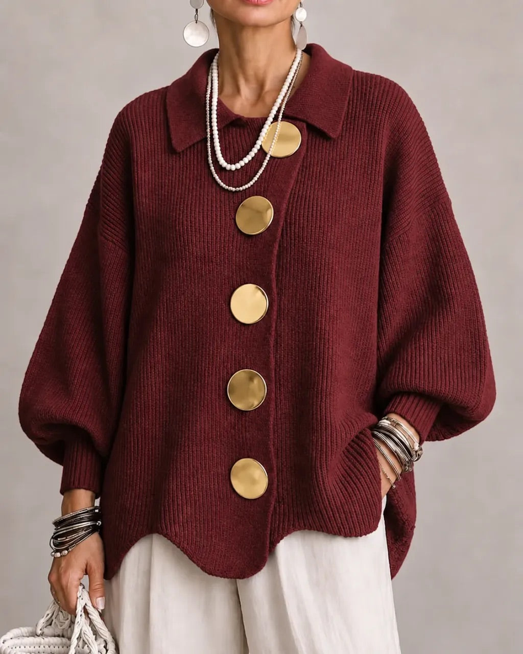 Karin | Oversized Gebreid Vest met Goudkleurige Knopen