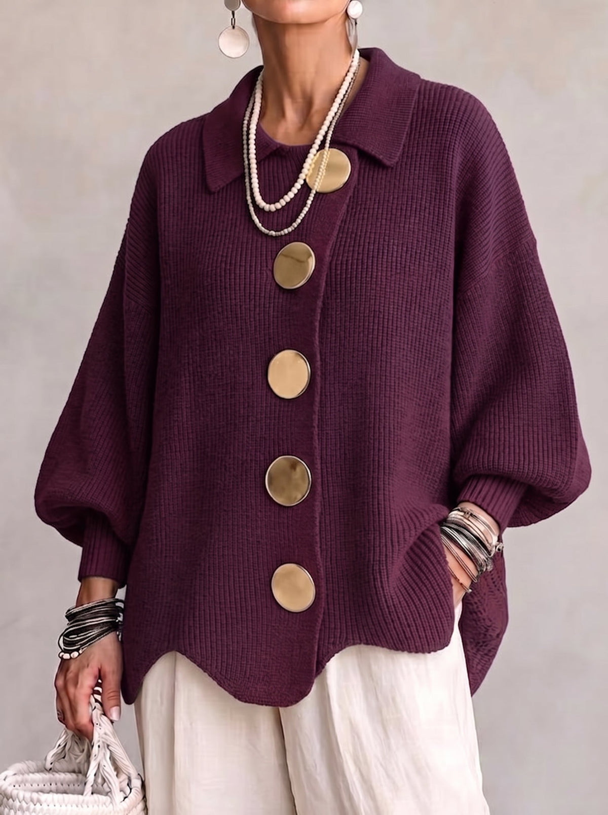 Karin | Oversized Gebreid Vest met Goudkleurige Knopen