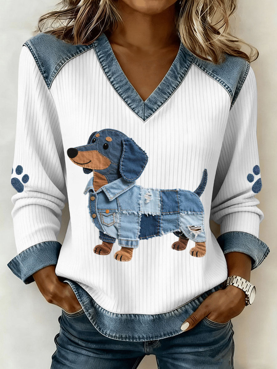 Linda - V-hals Patchwork Sweatshirt met Teckel Ontwerp